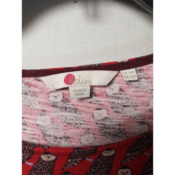 BODEN Regal Owl Penny Jersey Red 100% Cotton Dress Size 10P Animal Print Pockets - Picture 6 of 10